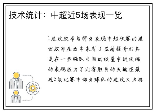 技术统计：中超近5场表现一览
