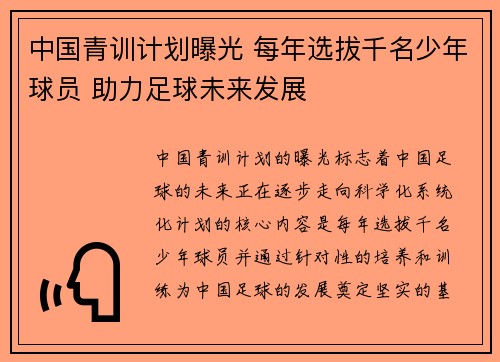 中国青训计划曝光 每年选拔千名少年球员 助力足球未来发展